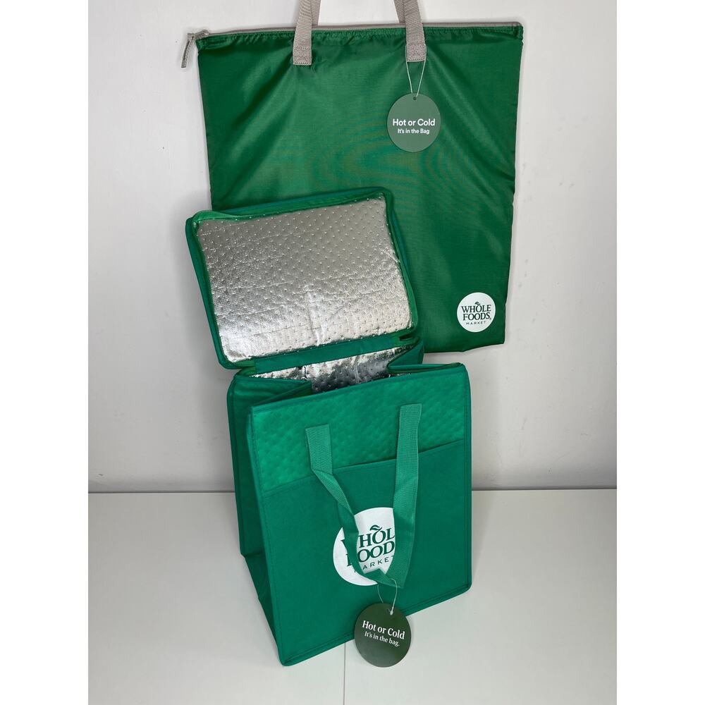 Set of 2! Whole Foods Hot Cold Insulated Cooler Tote Bags, Green Gray White Logo - Picture 14 of 14